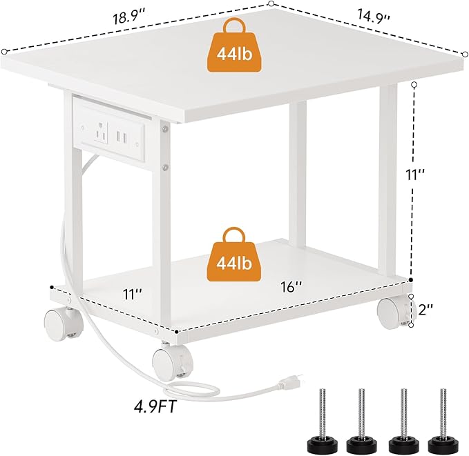 Printer Table, 2-Tier Under Desk Printer Stand with Charging Station, Printer Stand with Wheels, PrinterShelf for Small Spaces, Printer Cart for Home Office White