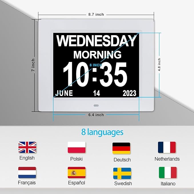 8 Inch Extra Large Calendar Day Date Time Clock with Non-Abbreviated Day Month Dementia Clocks Perfect for Senior Elderly Impaired Vision Memory Loss