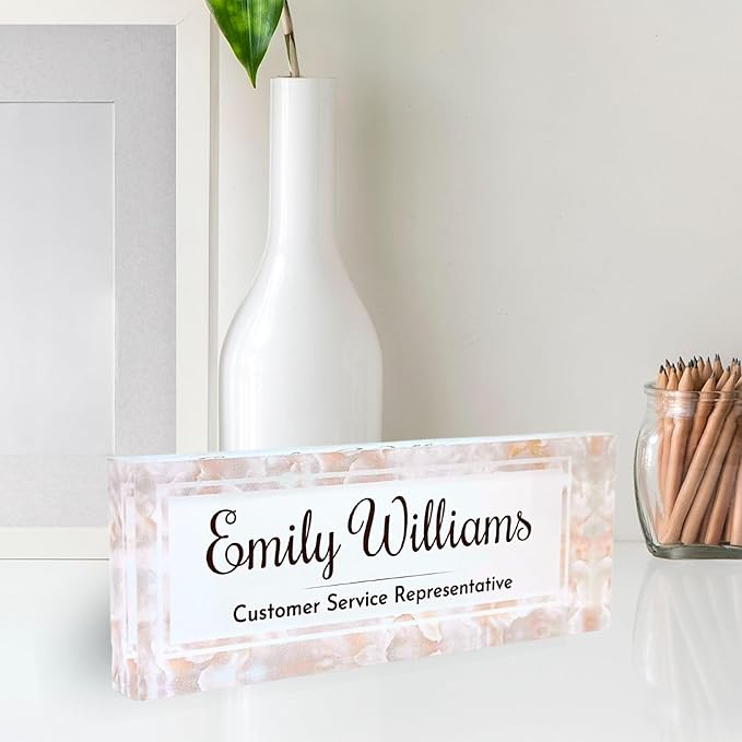 Customized Clear Acrylic Thick 8x3" Desk Name Plate Block with Personalized Logo - Professional Office Decor - Customized Acrylic Plate Gift for Teacher Co-workers, Christmas Gifts for Her, Thanksgiving Gifts (Mother of Pearl)