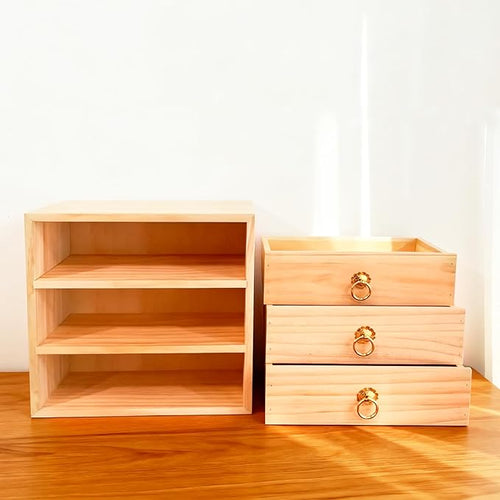 3 Layer Natural Wooden Storage Box with Drawers Desk Organizer Desk Accessories 3 Drawer Storage Organizer Wood Tabletop Organizer with Metal Handle for Home Office Counter Craft Decor