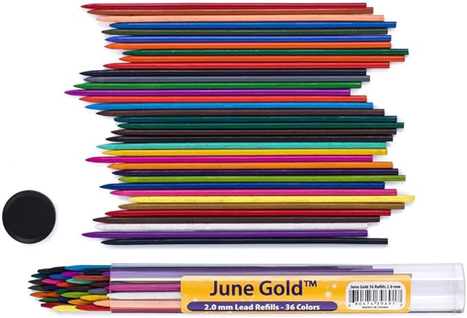 June Gold 4 Pro 2.0 mm Mechanical Pencils, 36 Colored, 36 2B, and 36 4B Refills, 2 Sharpeners, 2 Smudge Resistant Erasers, Built in Sharpeners & Soft Non-Slip Grip on Each Pencil