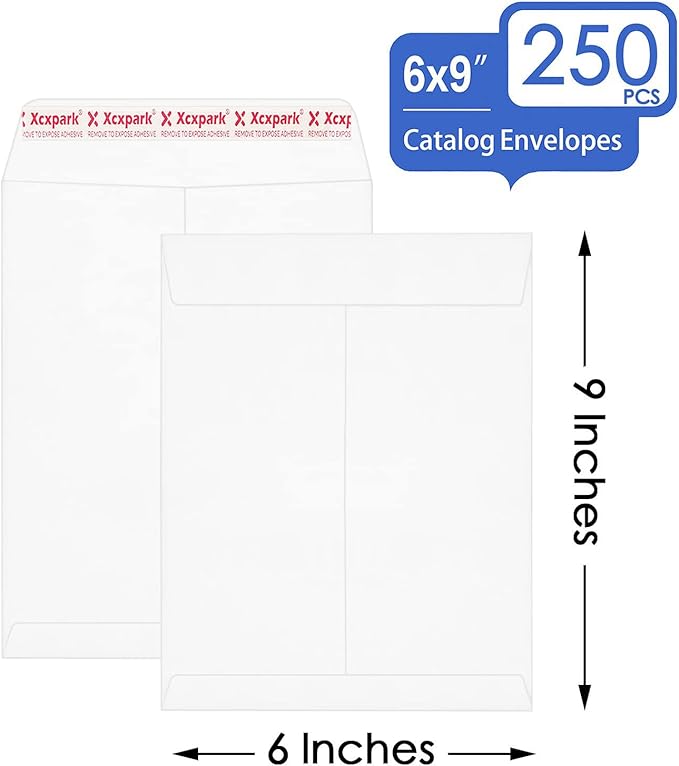 Xxcxpark 250 PCS 6x9 inches Security Catalog Envelopes Printable Self Seal Envelopes, Anti Tear White Kraft Envelopes for Invitation Cards, Pictures, Photos, Documents