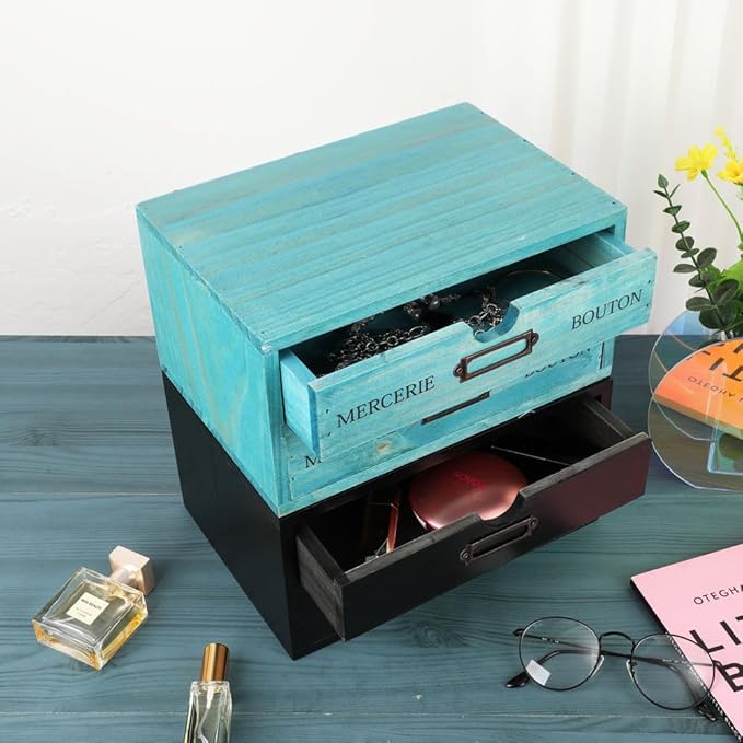 Wooden Storage Box Rustic Desktop Organizer with 2 Drawers Office Desk Accessories Shelf Small Craft Storage Containers Apothecary Cabinet and Chest Jewelry Holder for women(BLUE)