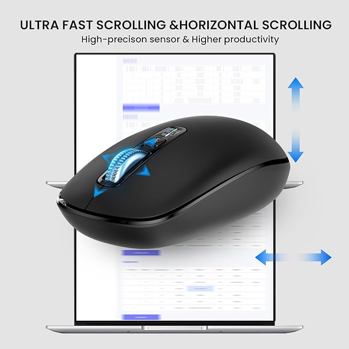 Wireless Bluetooth Silent Mouse for Laptop Mac, Multi-Device One-Click Switch, 4-Way High-Speed Metal Rollers, Adjustable DPI, Full-Size Ergonomic for Computer, iPad, Tablet, MacBook