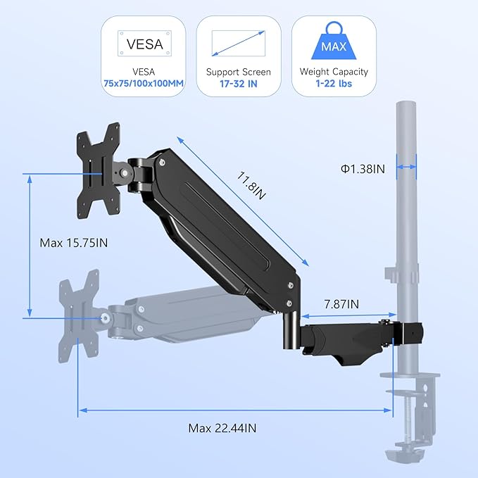 Pholiten Single Monitor Arm, Gas Type Display Arm, Double Articulated, 35MM Pole Mount, Supports 13-32Inches, Load Capacity 22.0 lbs, VESA 75-100mm MD8411DB