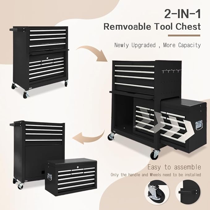 13-Drawer Tool Chest with Tool box and wheels, Large Detachable Tool box with Sliding Drawers, Mechanic Storage Cabinets, Metal Tool Cart for Garage Workshop (BLACK)