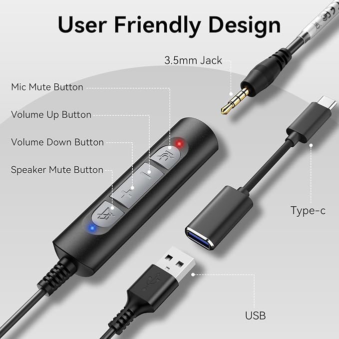 Wantek USB Headset with Microphone for PC, Computer Laptop Headset with Call Answer Button for MS Teams & IP Phones, Lightweight Design & Memory Foam Cushions for All-Day Comfort