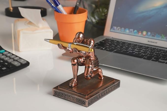 Knight Pen Holder Desk Ornament Resin Pencil Holders Desk Accessories and Organizer For Men with a Cool Pen (Bronze)