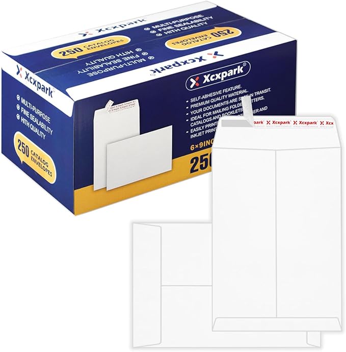 Xxcxpark 250 PCS 6x9 inches Security Catalog Envelopes Printable Self Seal Envelopes, Anti Tear White Kraft Envelopes for Invitation Cards, Pictures, Photos, Documents