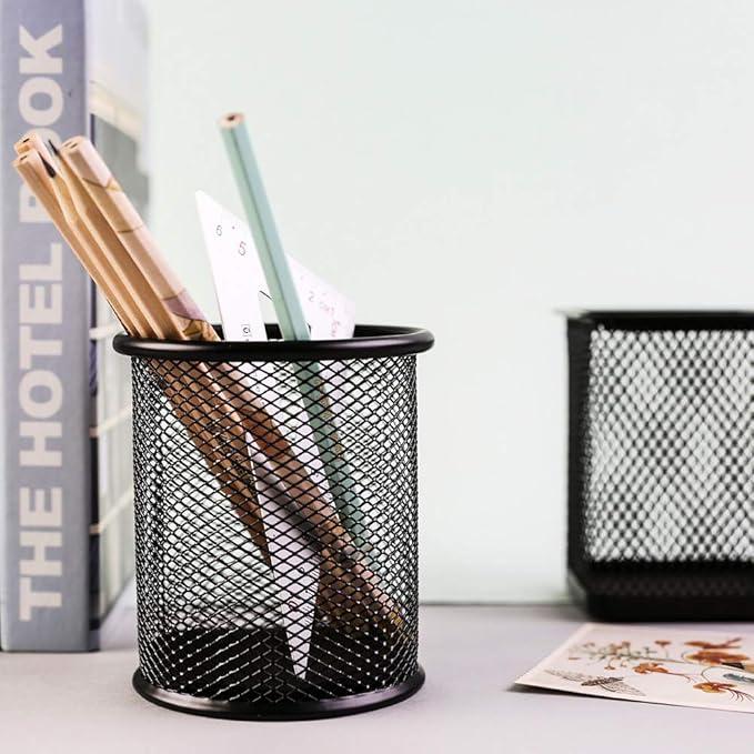 Ameceres 4 Packs Wire Mesh Pencil Holder Metal Pen Cup Desk Pen Organizer Case Pencil Jar Black for Office Home (DeepPink)
