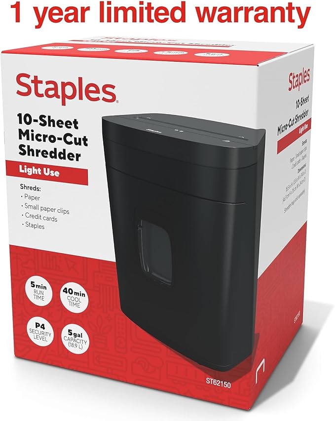 Staples Paper Shredder, 10-Sheet Micro-Cut, Anti-Jam, for Office & Home Use with 5 Gallon Pull-Out Bin, Black