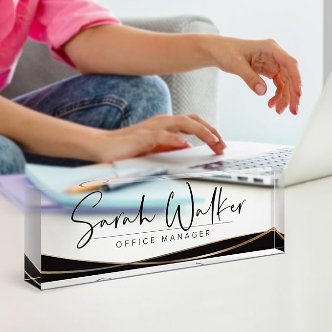 Custom Name Plate for Desk, Desk Name Plate Personalized, Office Decor for Women Men, Acrylic Desktop Accessories, Office Appreciation Gifts for Boss Social Workers Nurse Teacher Employee (Black Stripe)