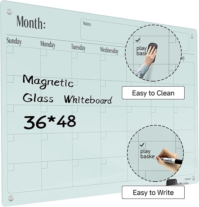 Magnetic Glass Dry Erase Board Calendar- White Board 48 x 36 Inch Wall Mounted Glass Monthly Whiteboard, Large Frameless Glass White Board for Wall Office, Home & School
