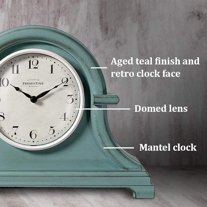 Presentime & Co. Mantel Clock Vintage Farmhouse Series, Napoleon Desk & Shelf Clock, 13 x 10 inch, Domed Lens, Quartz Movement, ABS Plastic Case, Aged Teal Finish (Home/Tabletop Decoration)