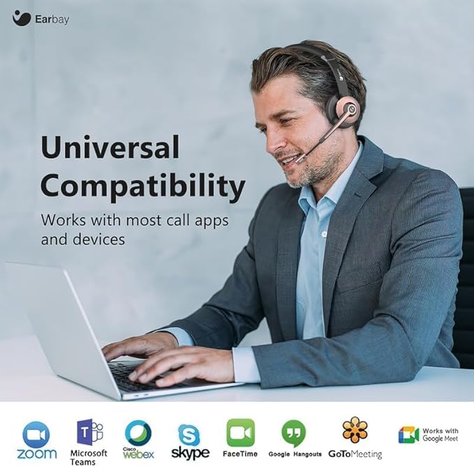 Earbay Wireless Headset - Bluetooth Headphones with Microphone Noise Canceling & Mute, Bluetooth Headset with USB Dongle/Charge Dock for PC Computer Cell Phone Work Office Meetings Call Teams