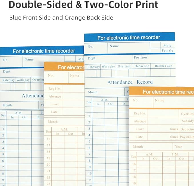 TooCust 100-Piece Time Cards for Employees, Monthly Time Cards 2-Sided, 2-Color Timecards for Time Clocks, Blue/Orange Print, 7-3/8 x 3-3/8 Inch