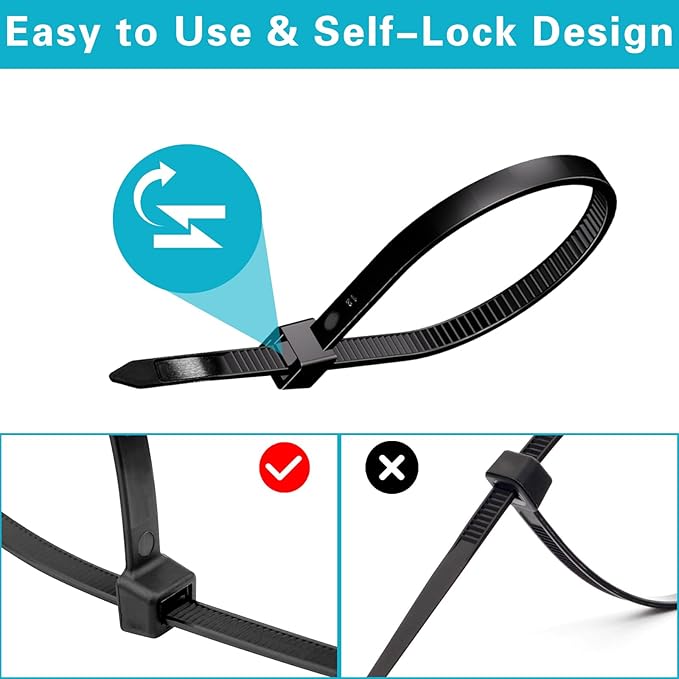 500 Pack Zip Ties, 8 inch Heavy Duty Zip Ties For Outdoor Use With 120 Pounds Tensile Strength, Black Cable Ties for Multi-Purpose Use, Self-Locking UV Resistant Nylon