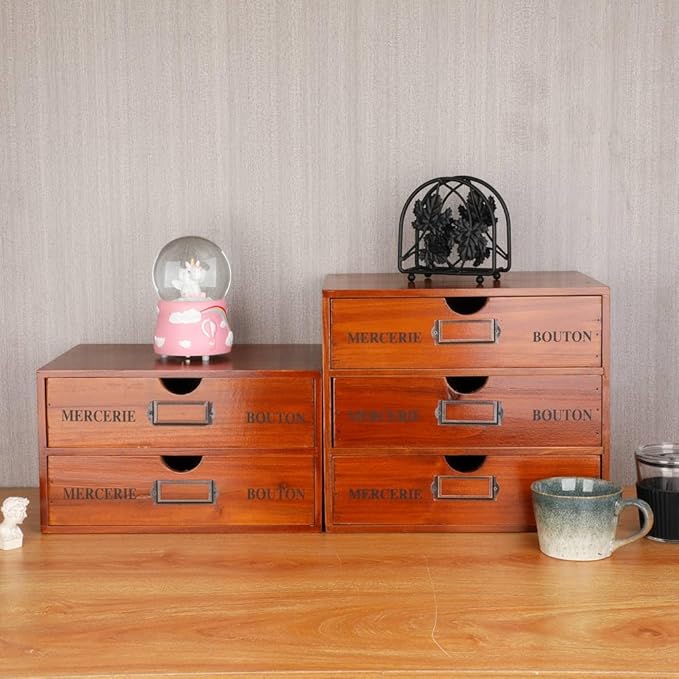Wooden Storage Box Rustic Desktop Organizer with 3 Drawers Office Desk Accessories Shelf Large Craft Storage Containers Apothecary Cabinet and Chest Jewelry Holder for women(BROWN)