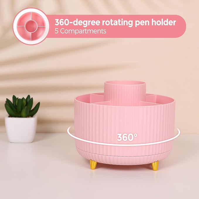 SKYDUE Pink Desk Accessories 10Pcs, Rotating Pen Holder for Desk, Stapler, Staple Remover, Tape Dispenser,2pcs Tape Refills, Binder Paper Clips Kit, Scissor,Pink Office School Supplies