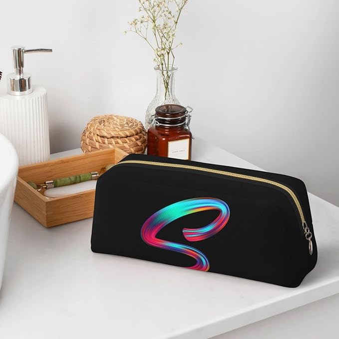 Cute Initial Pencil Case for Kids Simple Leather Pencil Pouch for Boys Girls Letter Design Pencil Box Pen Bag Pencil Pouch Office Stationery Organizer, Rainbow Letter S