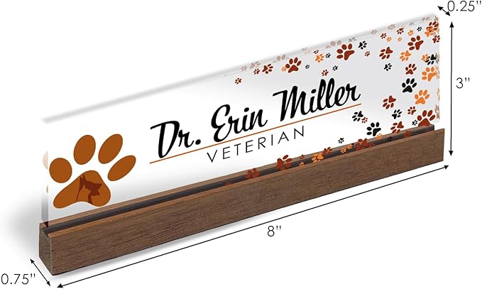 Artblox Personalized Office Desk Name Plate and Business Card Holder | Clear Acrylic Glass with Teak Wood Stand | Vet Animal Design Customized with Your Name and Credentials Office Desk Décor