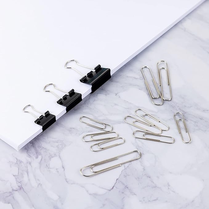FUDAO FAMILY Paper Clips & Binder Clips, 340 PCS Assorted Sizes, Silver & Black, Metal, Medium, Large, Small