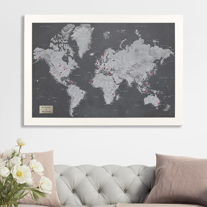Personalized Stormy Dreams World Travel Map with Textured White Frame