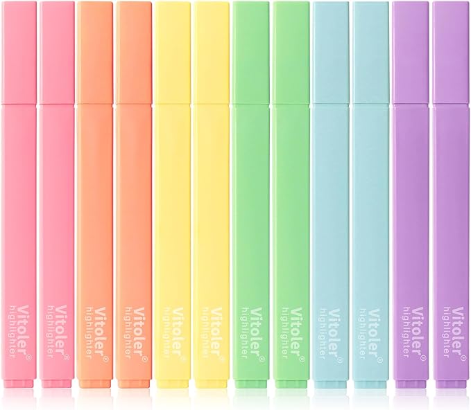 Piochoo Aesthetic Highlighters,12pcs Chisel Tip Highlighter, Pastel Candy Colors, Cute Assorted Colors Highlighter, Bible Highlighters and Pens No Bleed for Bible Pages