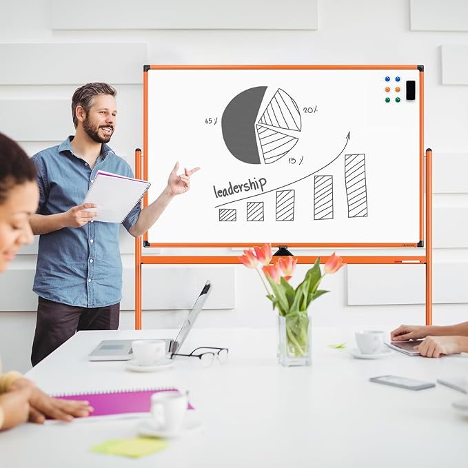 Large Dry-Erase Rolling Magnetic Whiteboard - 48 x 32 Inches Dry Erase Board with Stand Height Adjust Double Sides Mobile White Board Easel on Wheels with 25 Sheets Paper Pad Office, Home & Classroom