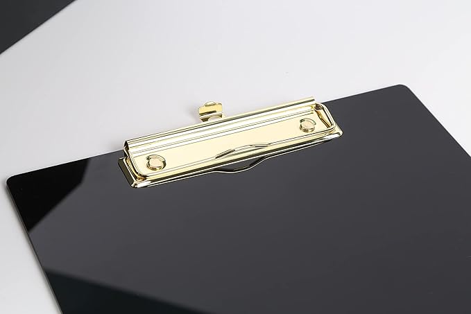 UNIQOOO Black Acrylic Clipboard with Shinny Gold Finish Clip, Perfect for Modern Arts Lover, Fashion and Style Expert, Calligrapher, Office, Seminars, Workshops, Home School, Classroom, Event