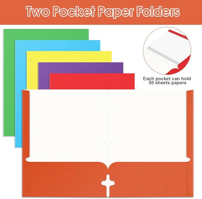 TooyBing Folders with Pockets, 2 Pocket Folders Bulk (120 Pack, Assorted Colors), 3 Hole Punched with Business Card Slot, Letter Size, Paper File for School Office Home