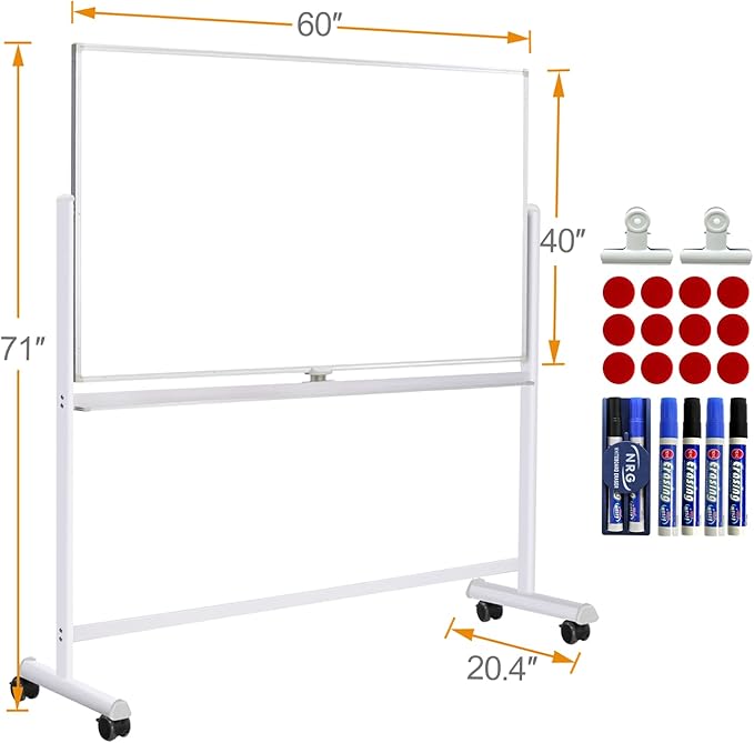 Mobile Whiteboard with Stand - 60x40 Double Sided Dry Erase Board with Stand, Large White Board on Wheels for Office, Rolling Magnetic Whiteboard with Pen Tray for Meeting, Training by CALENBO