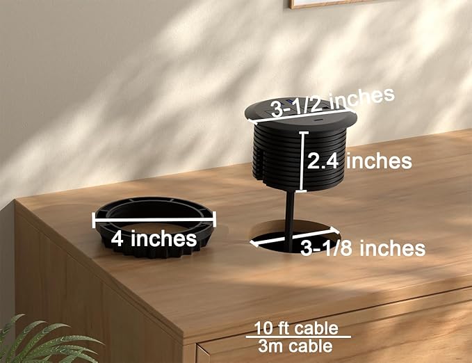 3 Inch Power Grommet,10ft Cord,20W USB C Fast Charging Station,3 USB Ports,Flush Mount.Round Recessed Power Center Desk Hole Grommet Outlet for Workspace,Couch,Black