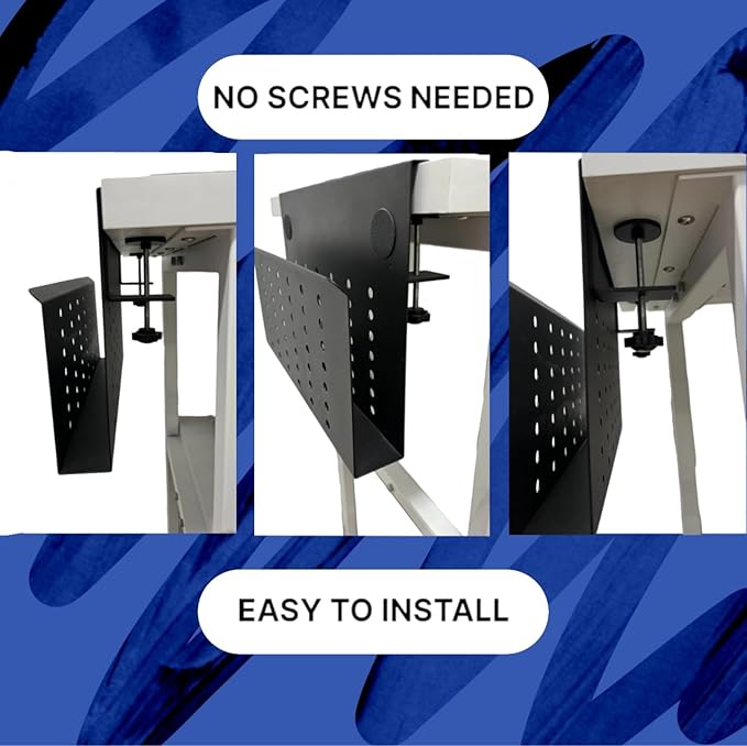 Desk Side Mount Laptop Holder (Black) - No Drill Steel Hanging Organizer for Office & Home - Under Desk Storage