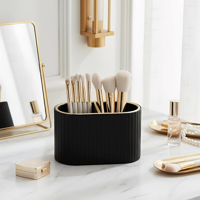 KINGFOM PU Leather Desk Organizer Pen Holder – Dual-Compartment Stylish Pencil Cup Remote Control Holder Desktop Supplies and Accessories Organizer Caddy for Office Home School (Black)