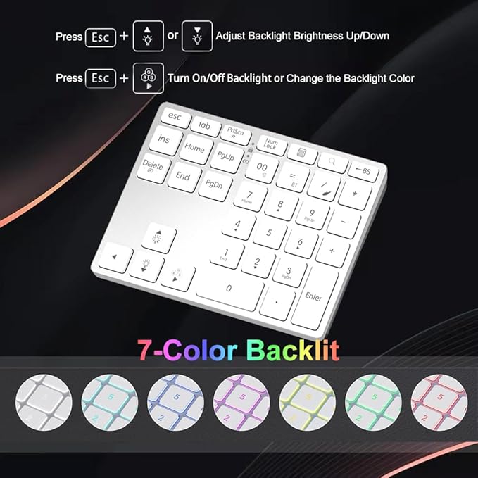 Tri-Mode Aluminum Numpad 7-Color Backlit Bluetooth 5.0/Wired USB-C/2.4G Wireless Number Pad Slim 35-Key Rechargeable Numeric Keypad External Keyboard Num Pad for Laptop, Mac - Silver White