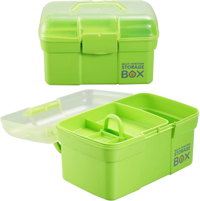 11'' Plastic Storage Box with Removable Tray, Multipurpose Organizer and Storage Case for Art Craft and Cosmetic (Green)