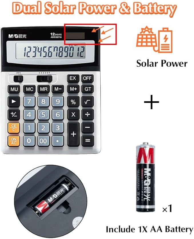 M&G Desk Calculator 12 Digit Extra Large LCD Display Calculators, Dual Solar Power and Battery, Battery Included, Metal Panel Comfort Button Calculator for Office Home