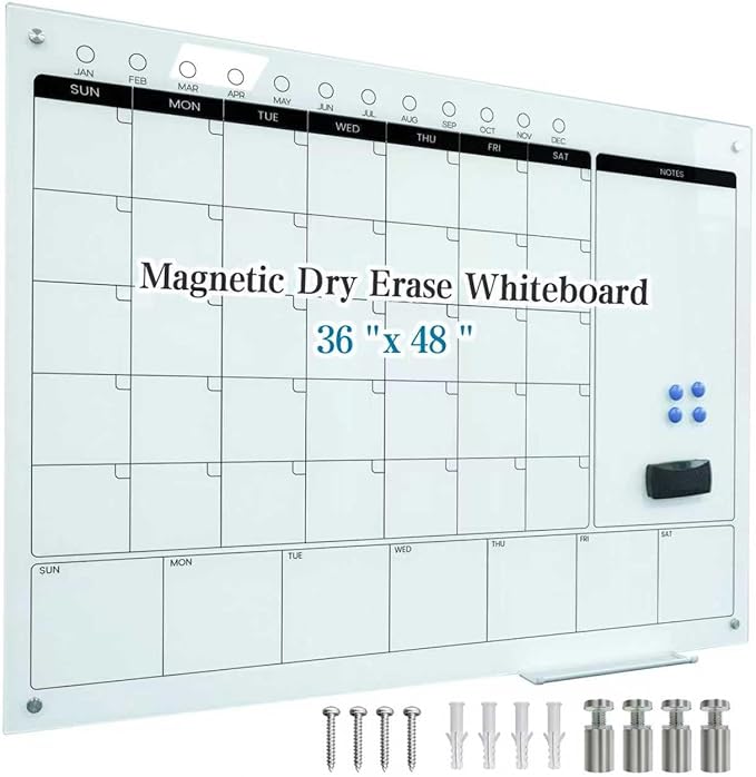 Magnetic Glass Whiteboard Calendar 48"x36" Glass Dry Erase Calender Board 36"x48" Monthly Plan White GlassBoard Wall Mounted for Office School Home (White)