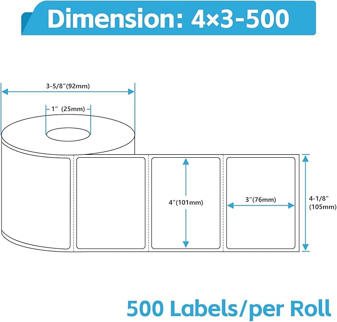 NineLeaf 4 Roll 4''x3'' Direct Thermal Shipping Address Labels with 500 Labels/Roll Compatible for Zebra 2844 ZP-450 ZP-500 ZP-505 Eltron Rollo Thermal Label Printers