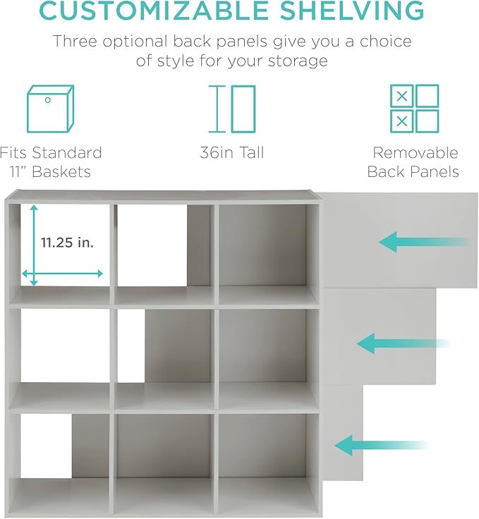 Best Choice Products Kids Bookcase 9-Cube Storage Organizer, 11in Shelf Opening, Bookshelf, Toy Storage, Customizable w/ 3 Removable Back Panels – Gray