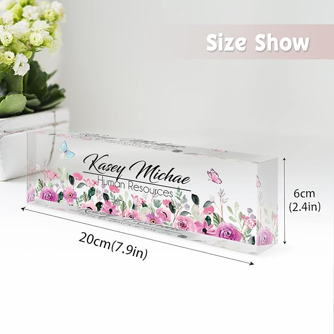 SalaGraphics Desk Name Plate Personalized, Custom for Desk, Office Decor Women Men, Acrylic Accessories, Gifts Coworkers Boss Teacher, Employee Appreciation (Flowers B) 8”(L)x2.5(W)