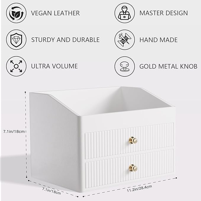 Desk Organizer,Beige White Vegan Leather Desk Accessories & Workspace Organizers with 2 Drawers & Tray,Key Holder with Gold-Tone Metal Accents knob，Jewelry Box,Nightstand