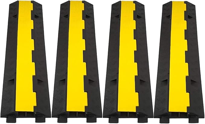 CXRCY Cable Ramp 4 Pack 2 Channel 11000lbs axle Capacity Floor Cable Cord Protector, Black & Yellow Speed Bumps Hose Protector Ramps for Wire/Hose/Pipe Hider Driveway &Outdoor 40x10x2 inch(L x W x H)
