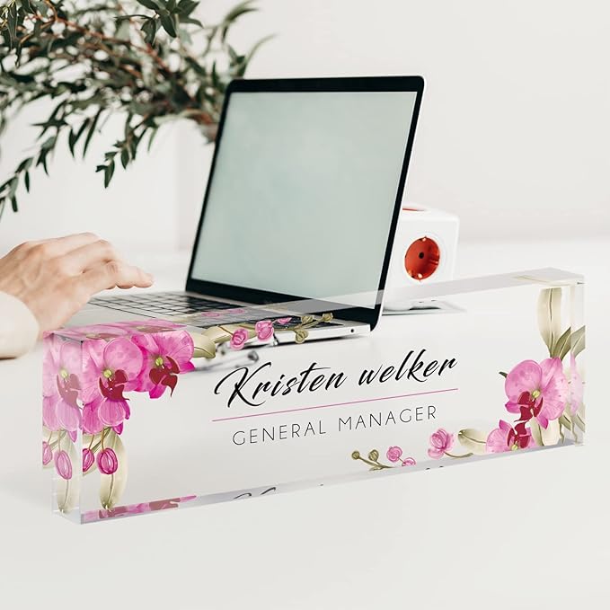 Desk Name Plate Personalized, Custom Name Plates for Desks, Office Desk Decor, Orchids Style Clear Acrylic Glass Block, Personalized Office Gifts for Women Men Boss Teachers Coworker Appreciation Gift