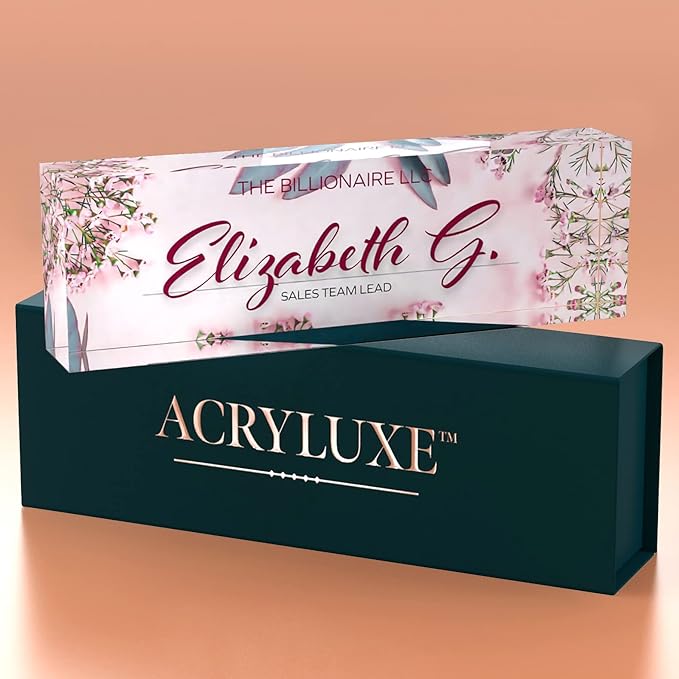 Desk Name Plate Personalized, Custom Name Plates, 2½/x8 Inches, Thick Crystal-Clear Acrylic, Gift Box, Office Desk Decor. USA Made by ACRYLUXE (Glowing)