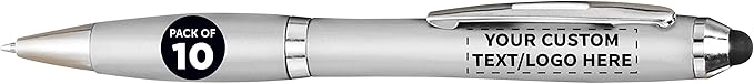 DISCOUNT PROMOS Custom Plastic Stylus Pens Set of 10, Personalized Bulk Pack - Black Ink, Great for Office, School, Business, Tradeshows, Events - Silver