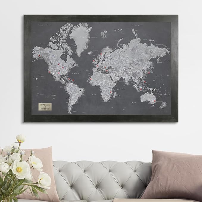 Personalized Stormy Dreams World Travel Map with Rustic Black Frame