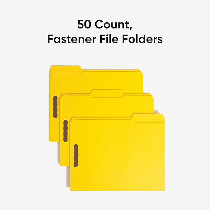 Smead Fastener File Folders, Reinforced 1/3-Cut Tabs, 2 Fasteners, Letter Size, Yellow, 50 per Box (12940)