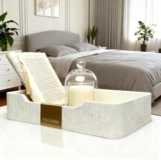 Valet Tray Nightstand Storage Organizer - PU Leather Desktop Storage Organizer Catchall Tray for Watch Wallet Phone Keys White|Beige (White)